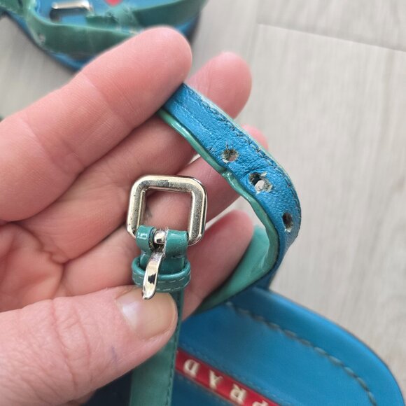 vintage Y2K Prada | teal blue patent leather strappy flat sandals | WMS 6 - Picture 7 of 12